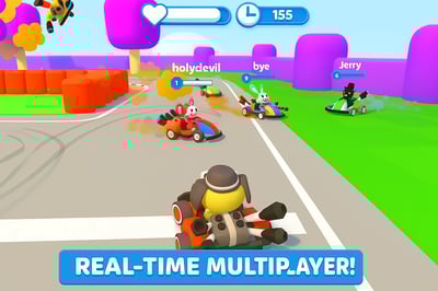 A cartoon character is driving a red car.